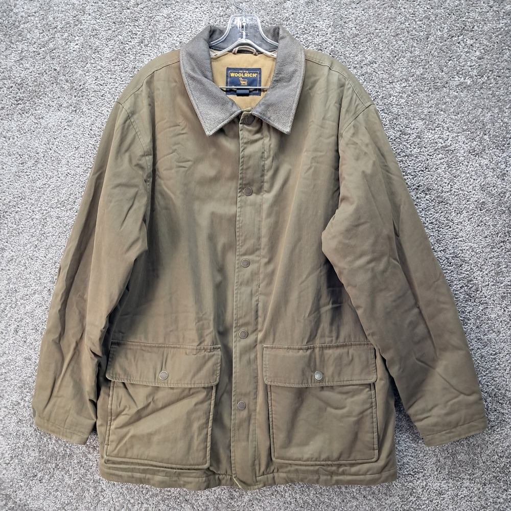 Woolrich Mens Barn Jacket Brown Cotton Canvas Leather Collar Plaid Lined Large